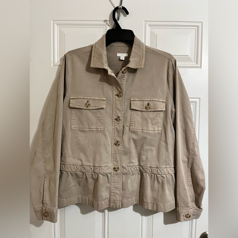 J‎ Jill Tan Peplum Button Front Cotton Blend Jacket Stretch Office Travel Medium